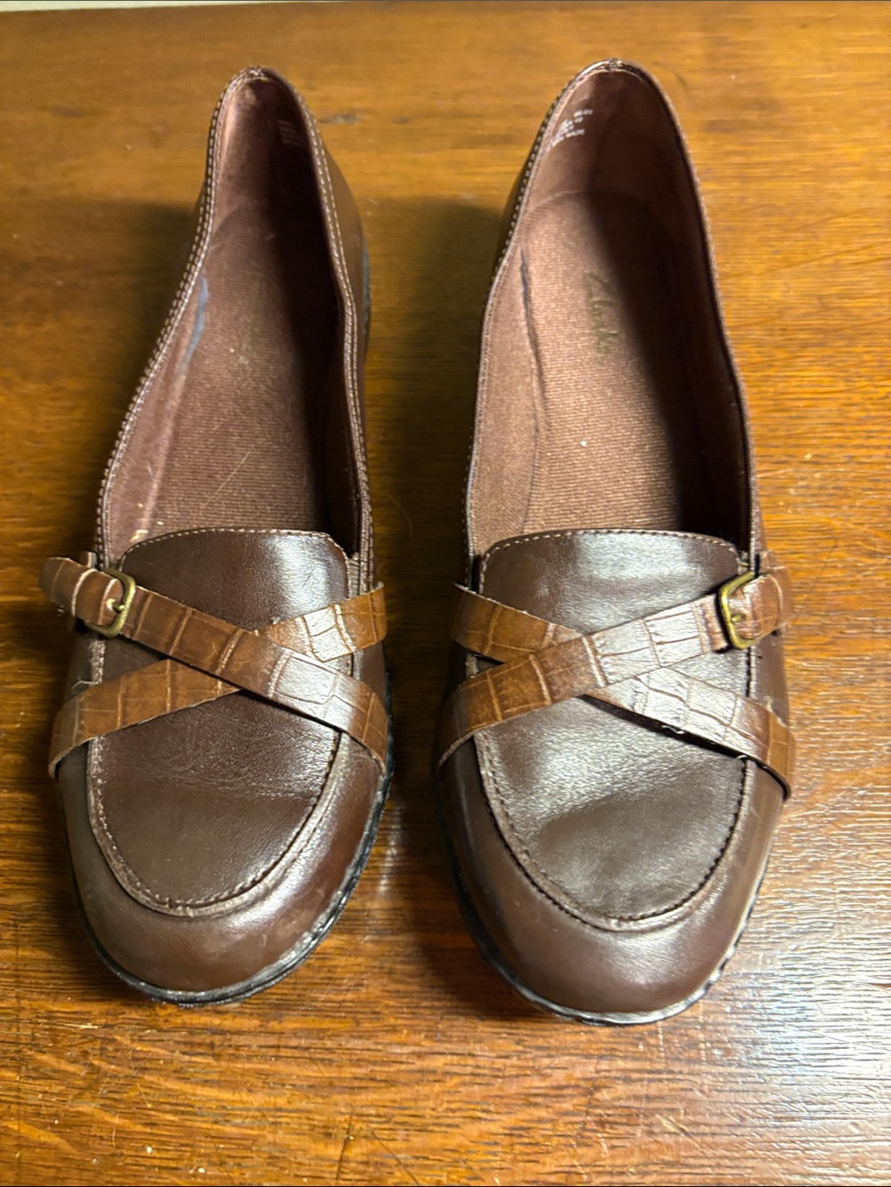 Clarks Women's Dark Brown Leather Loafers with Croc-Embossed Cross Straps